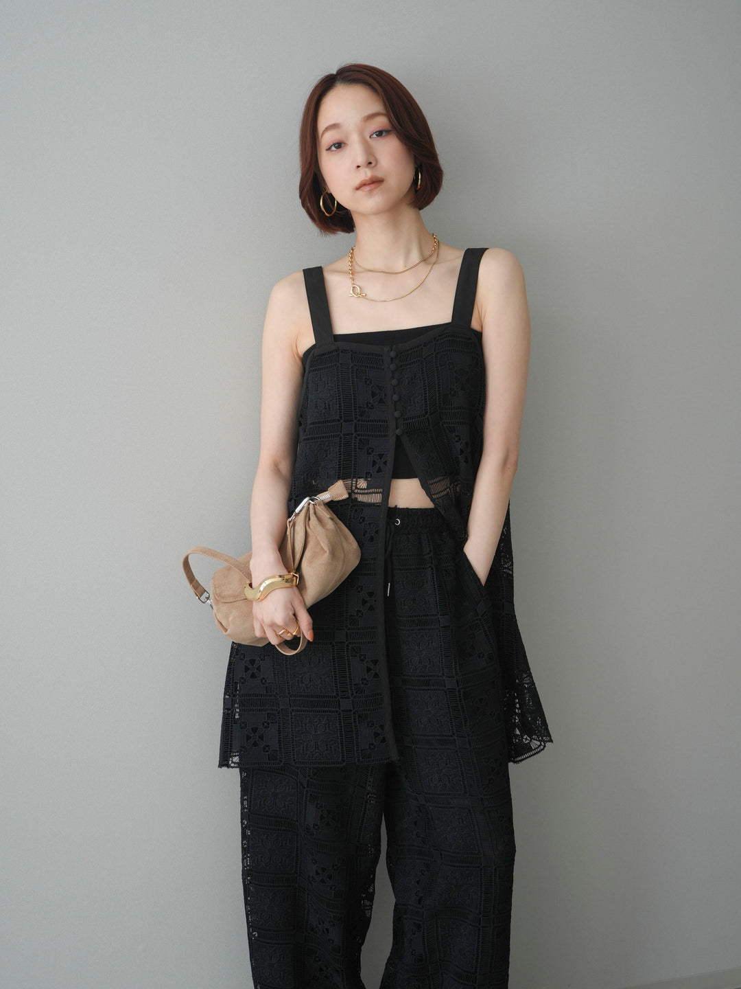 [SET]配色パネルレースキャミソール+カップ付テレコリブベアキャミソール(2set)