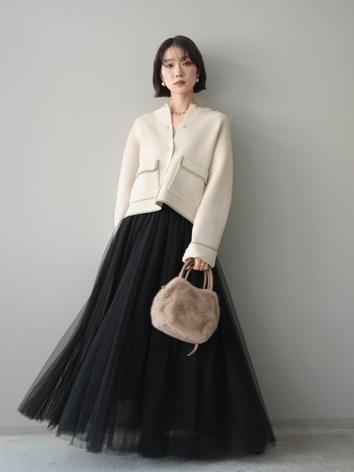 [SET]ポリエステル配色ニットカーディガン+チュールボリュームスカート(2set)