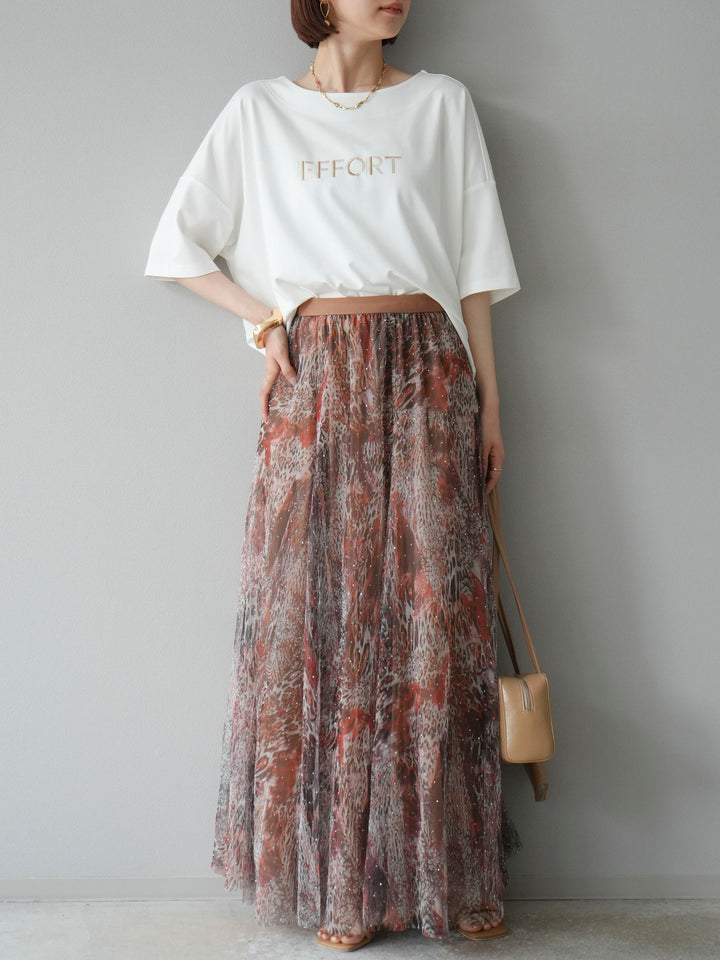 [予約]異素材メタリックロゴ刺繍×プリントTシャツ/オフ