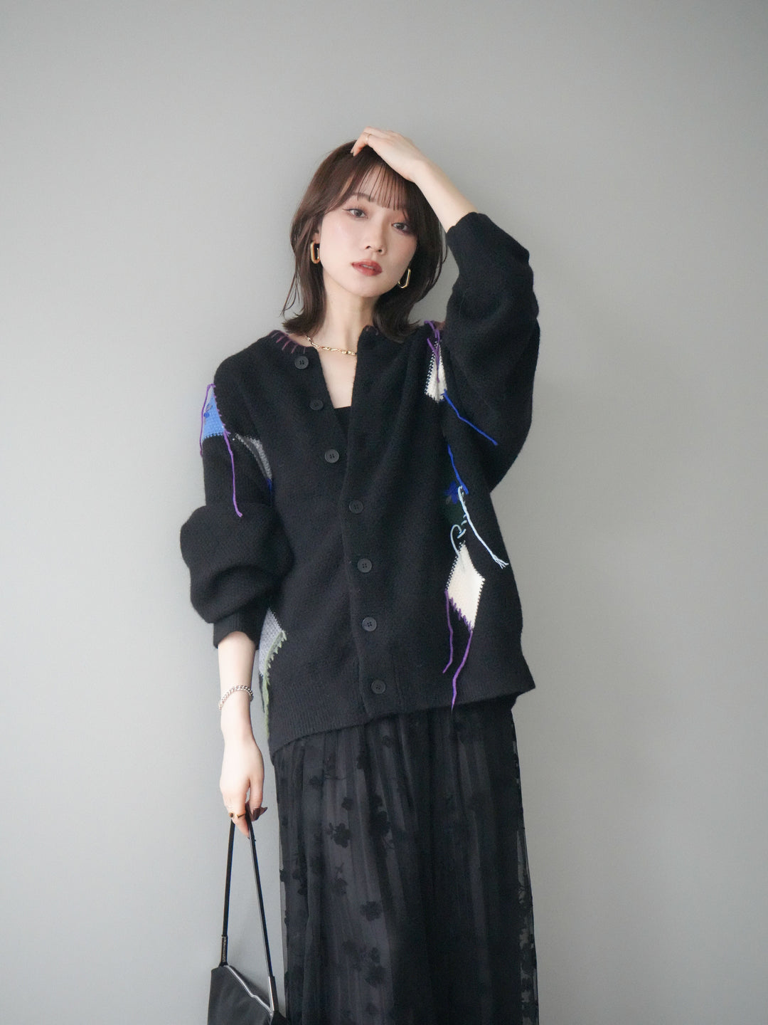 [SET]ハンドステッチアーガイルデザインニットカーディガン+選べるアクセセット(2set)