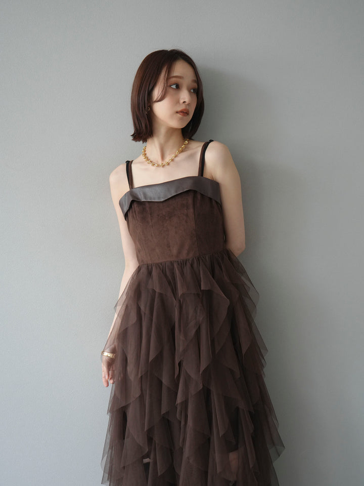 [予約]レザー切替チュールラッフルワンピース/brown