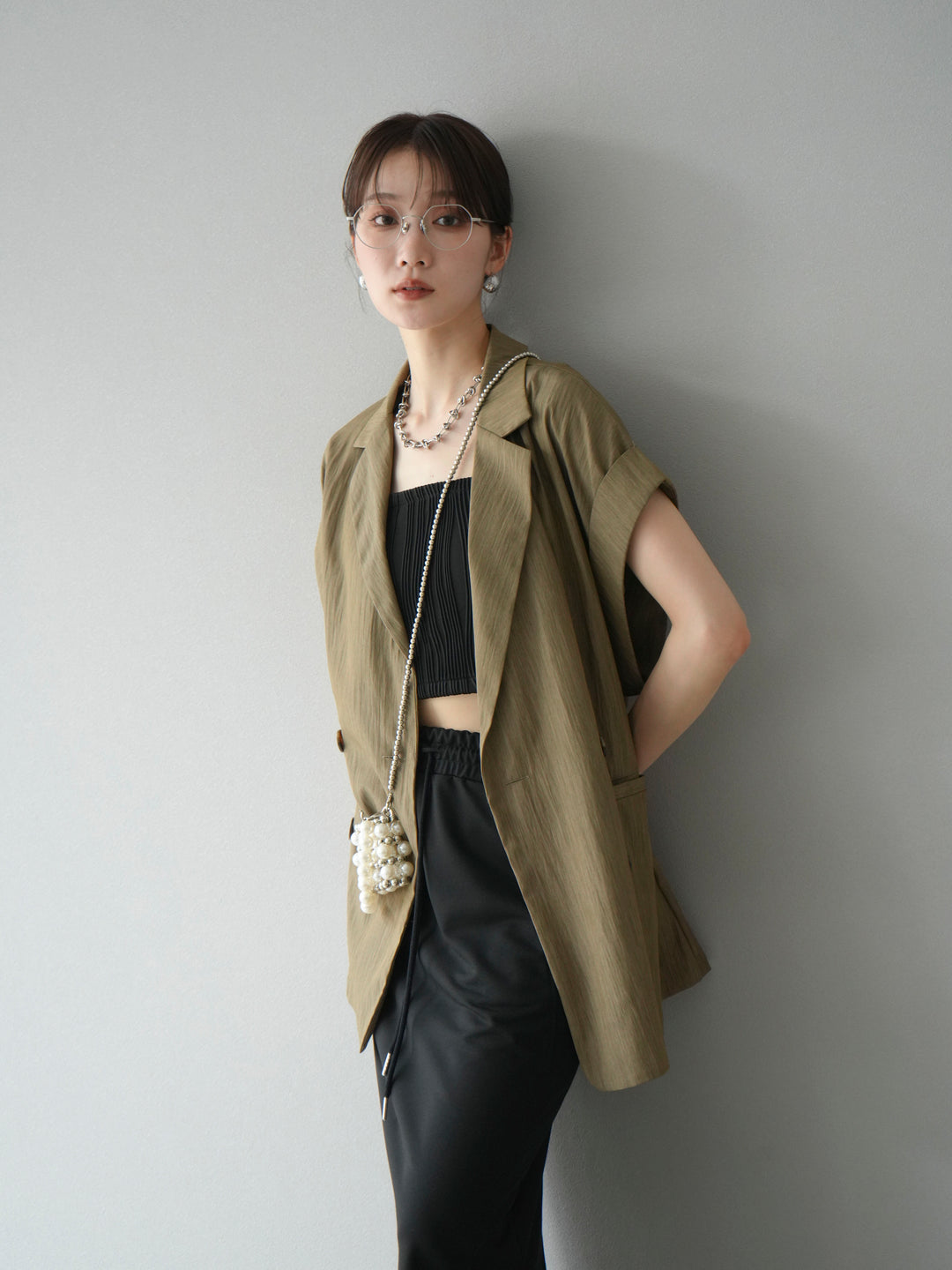 [予約]リネンライクノースリーブダブルジレ/グレージュ