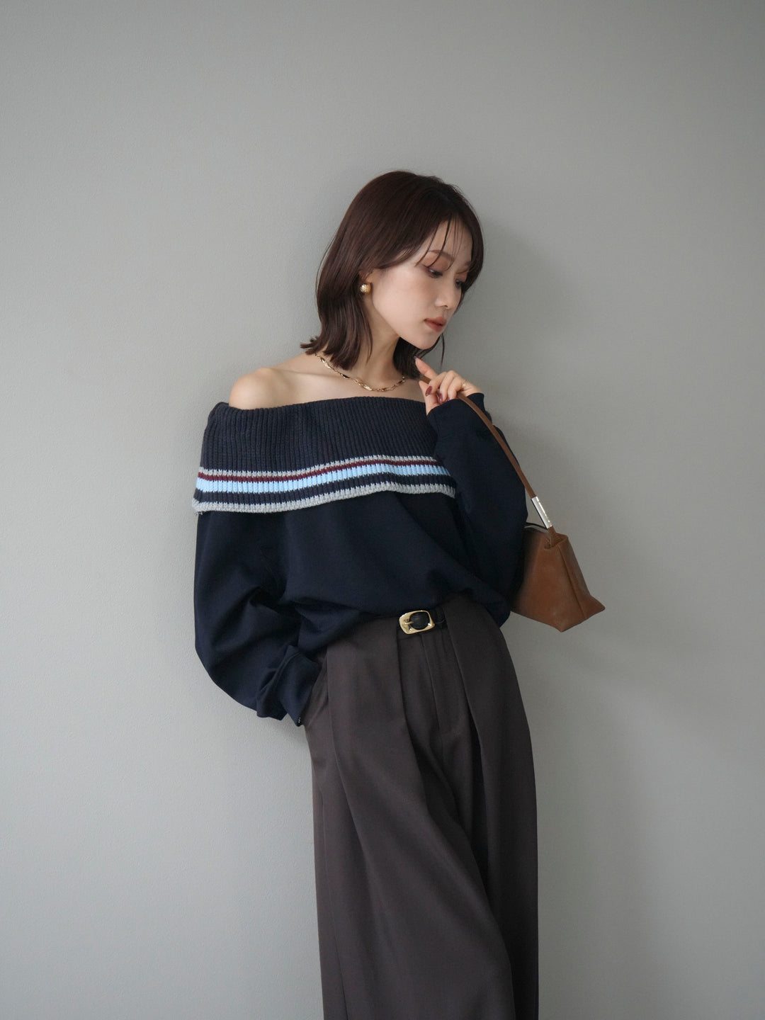 [予約]ボーダーニットオフショルダーxスウェットプルオーバー/navy