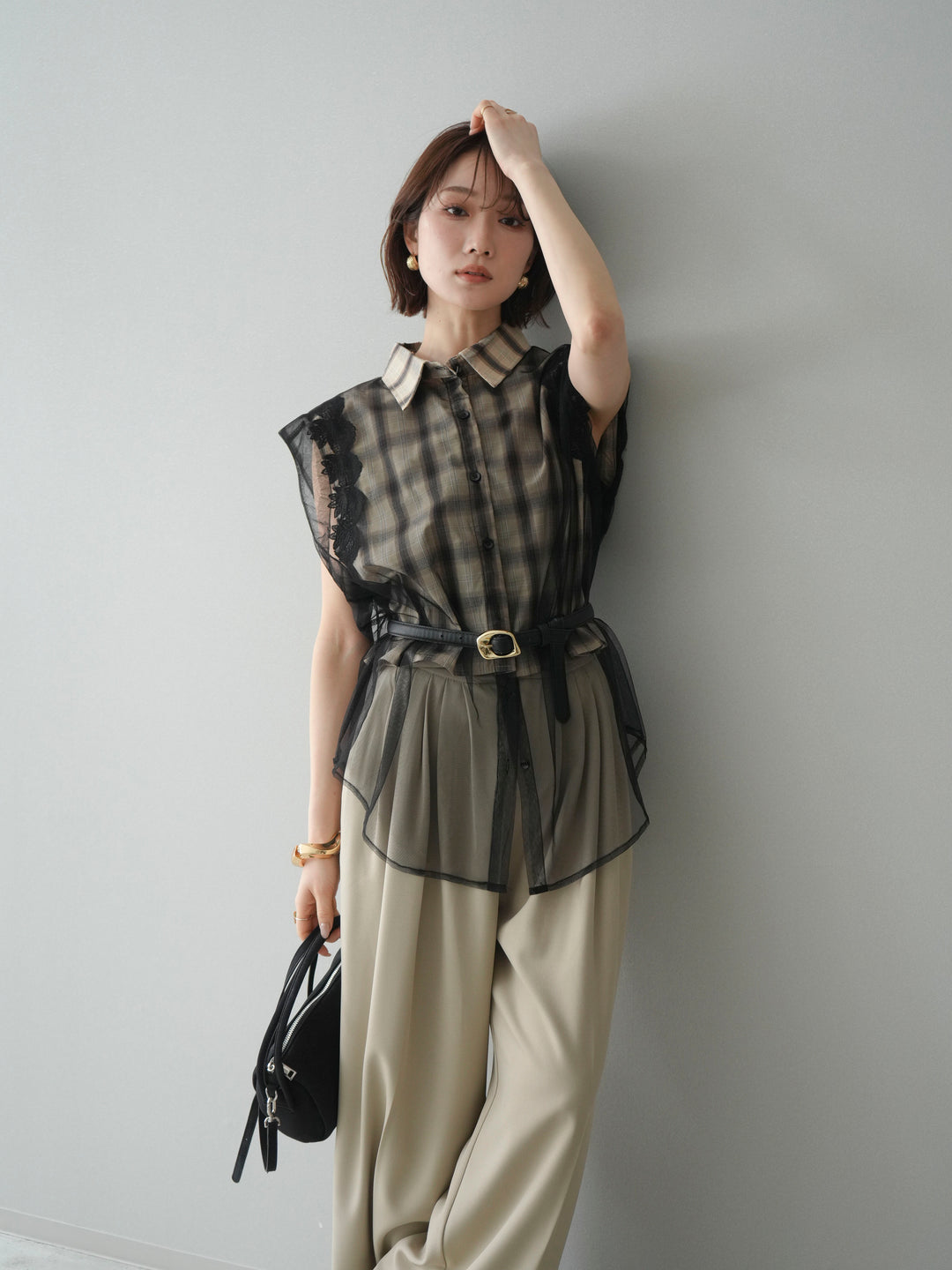 [予約]チュールドッキングチェックノースリブラウス/beige