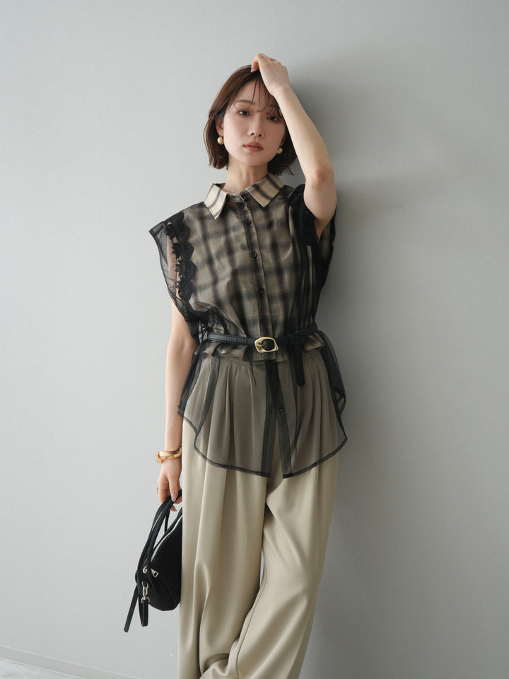 [予約]チュールドッキングチェックノースリブラウス/beige