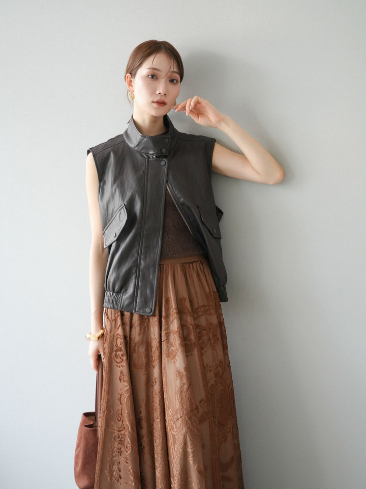 [予約]スリーブレスフェイクレザーブルゾン/ブラウン