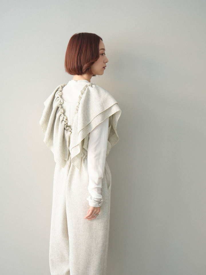 [SET]3WAYミックスツイードギャザーオールインワン+シアープチネックストレッチトップス(2set)