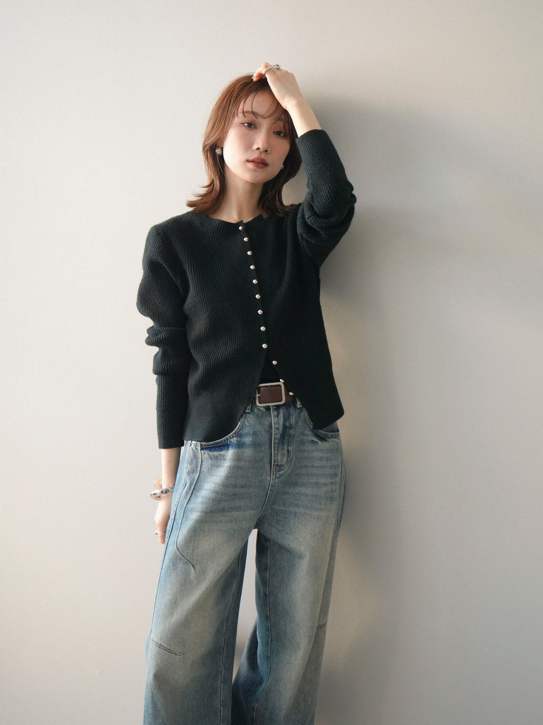 [予約]シルバーボタン畦編みニットカーディガン/black