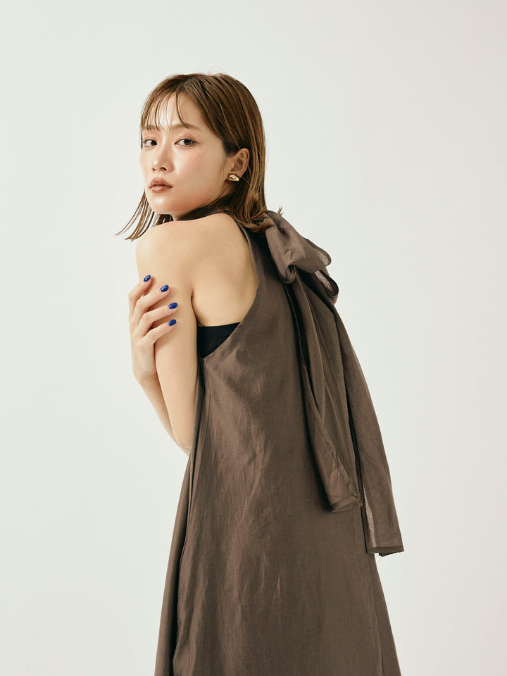 [予約]シャイニーホルターネックレイヤードワンピース/ブラウン