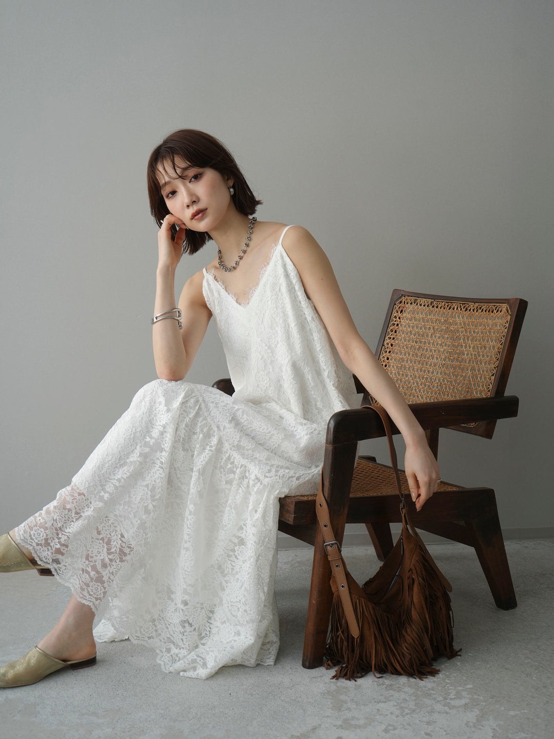 [予約]ギャザー切替レースキャミワンピース/white