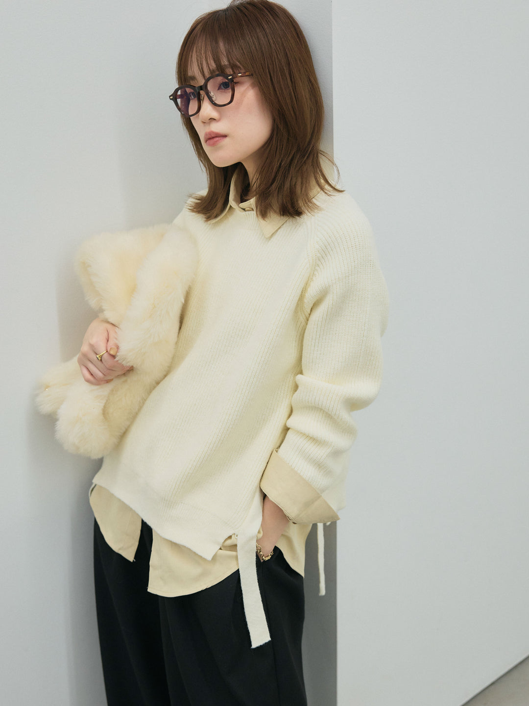 【Allure】[SET]サイドスリット畦編みニットプルオーバーシャツアンサンブル+モックスカルゼサイドタックコクーンパンツ(2set)