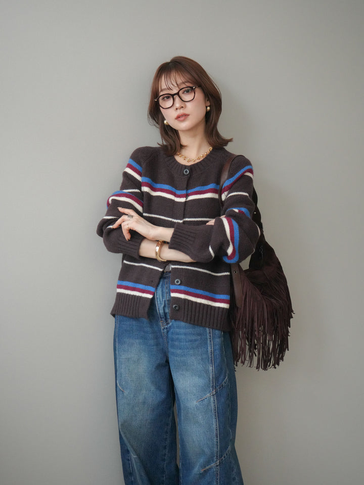 [予約]ランダムボーダーニットカーディガン/brown