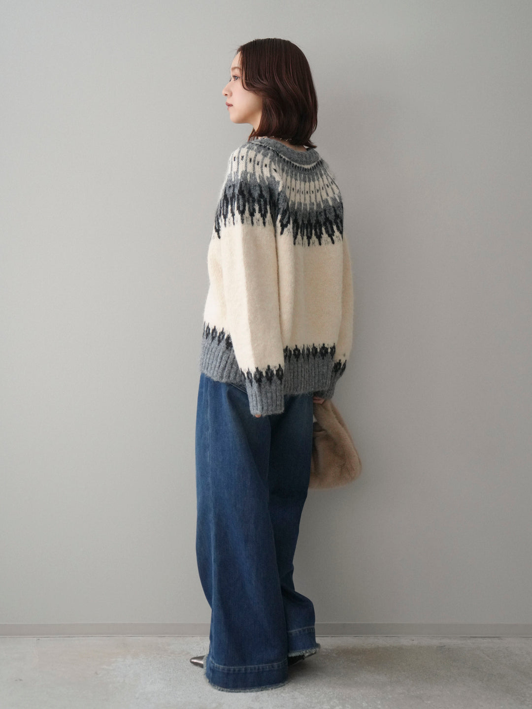 [SET]トグルボタン求心柄ニットカーディガン+裏起毛裾フリンジワイドデニムパンツ(2set)