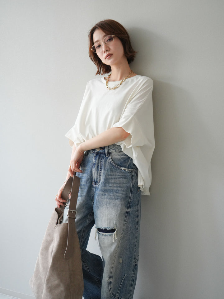 [SET]ドルマンワイドフレアトップス+ダメージカーブワイドデニムパンツ(2set)