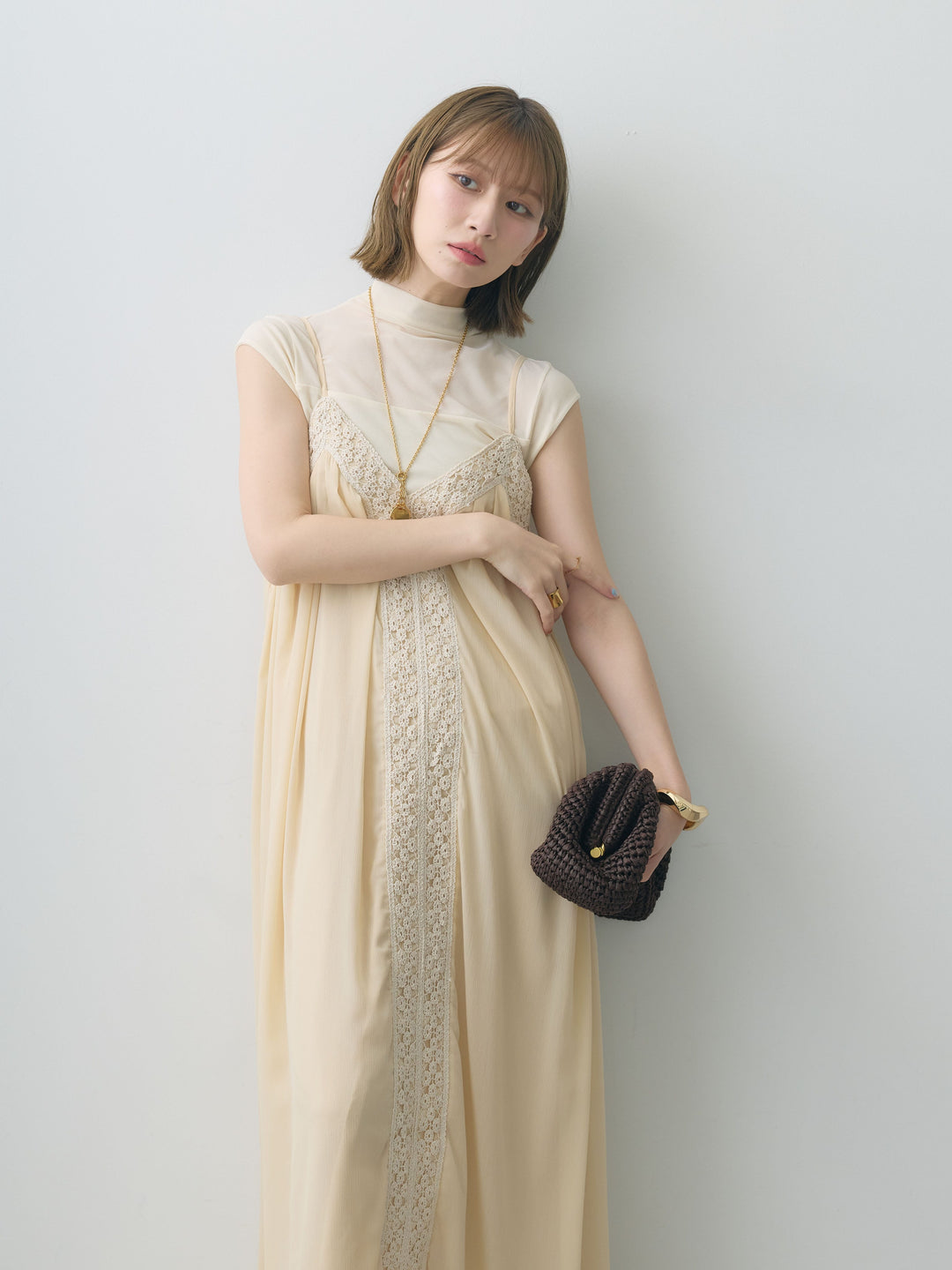 [SET]センタークロシェレースキャミワンピース+シアー切替ストレッチトップス(2set)