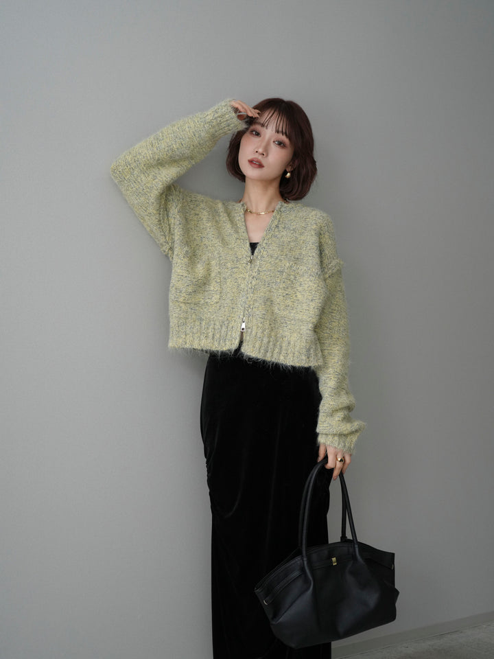 [SET]ミックスヤーンダブルZIPニットカーディガン+ギャザーベロアスカート(2set)