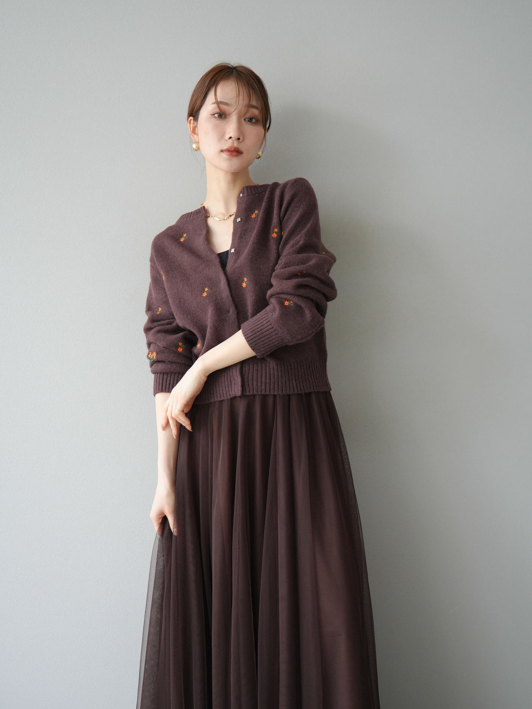 [SET]フラワー刺繍ニットカーディガン+チュールボリュームスカート(2set)