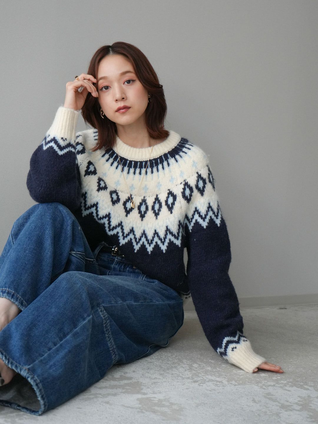 [予約]ノルディック柄ニットプルオーバー/navy