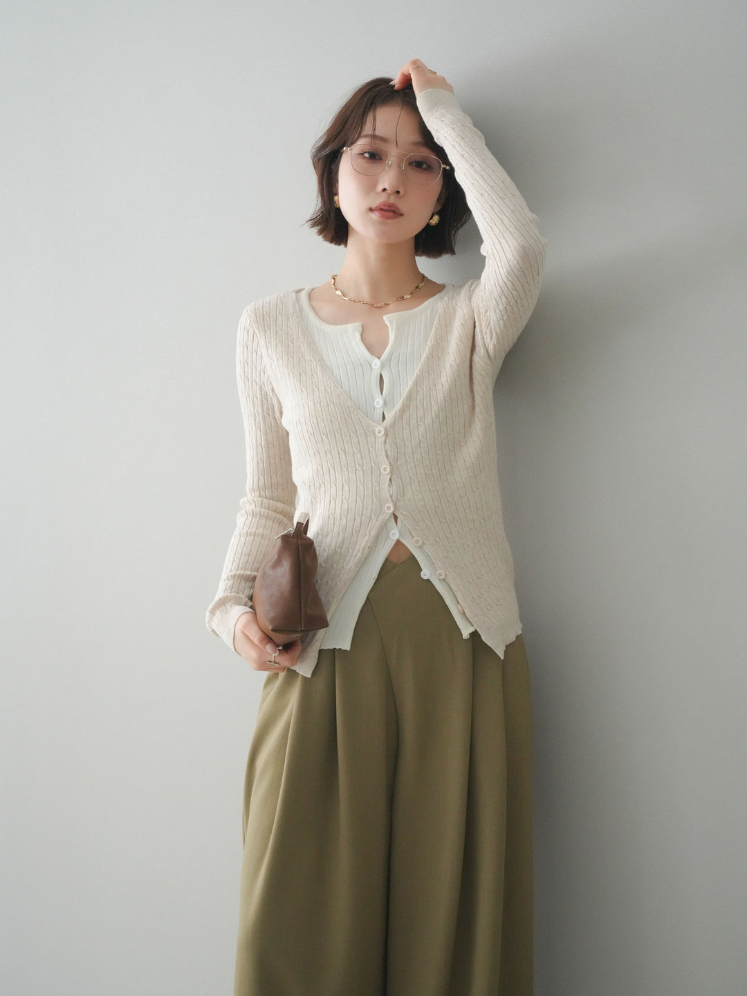 [予約]バイカラーレイヤードニットカーディガン/white