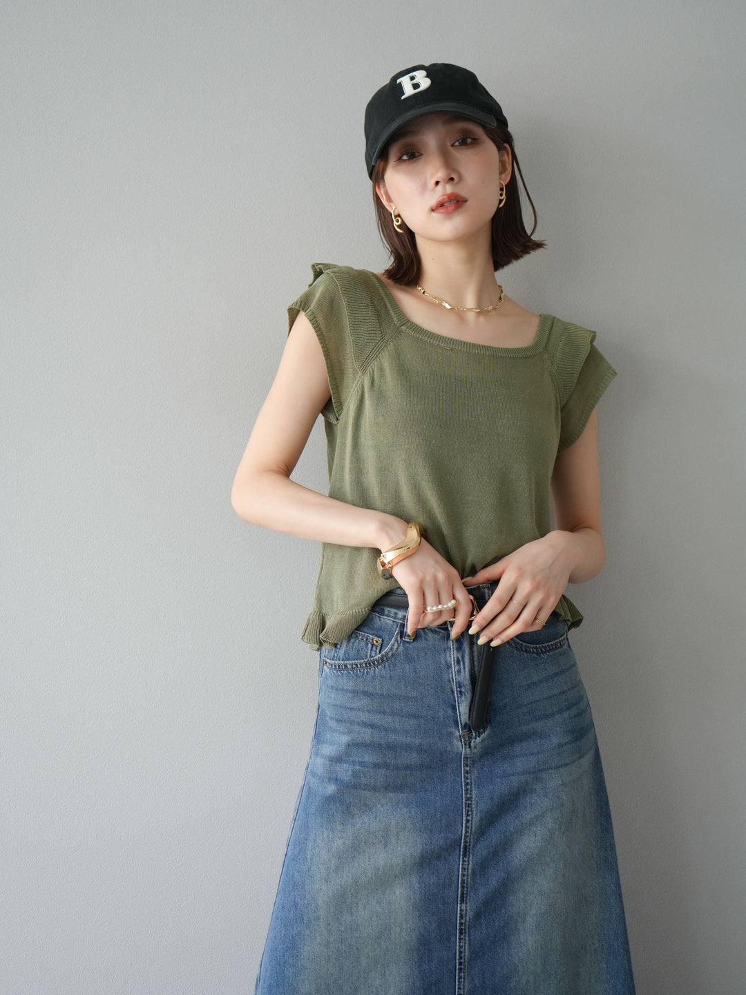 [予約]リネンタッチフリルニットタンクトップ/カーキ