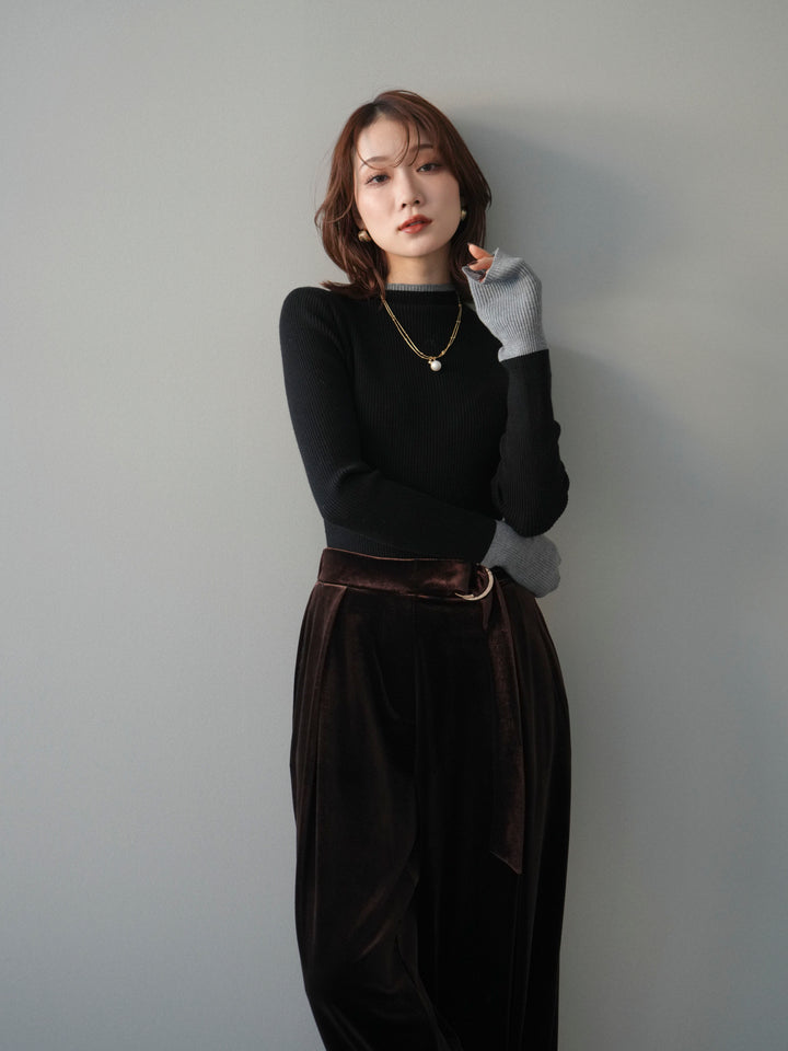 [予約]袖ボタンハイネック配色リブニットトップス/black