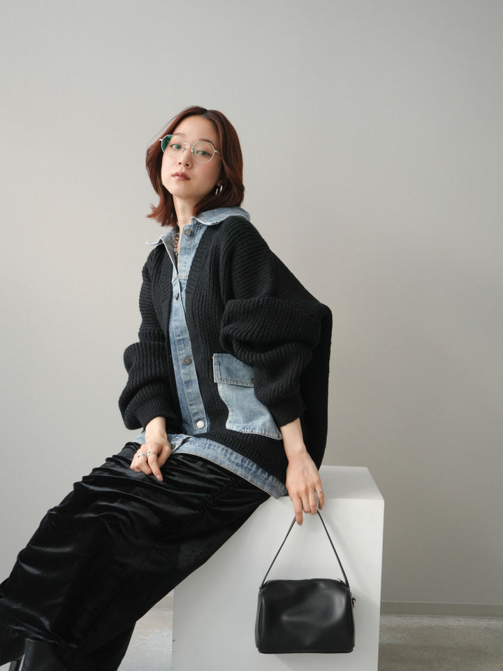 [SET]デニムドッキングオーバーニットジャケット+ギャザーベロアスカート(2set)