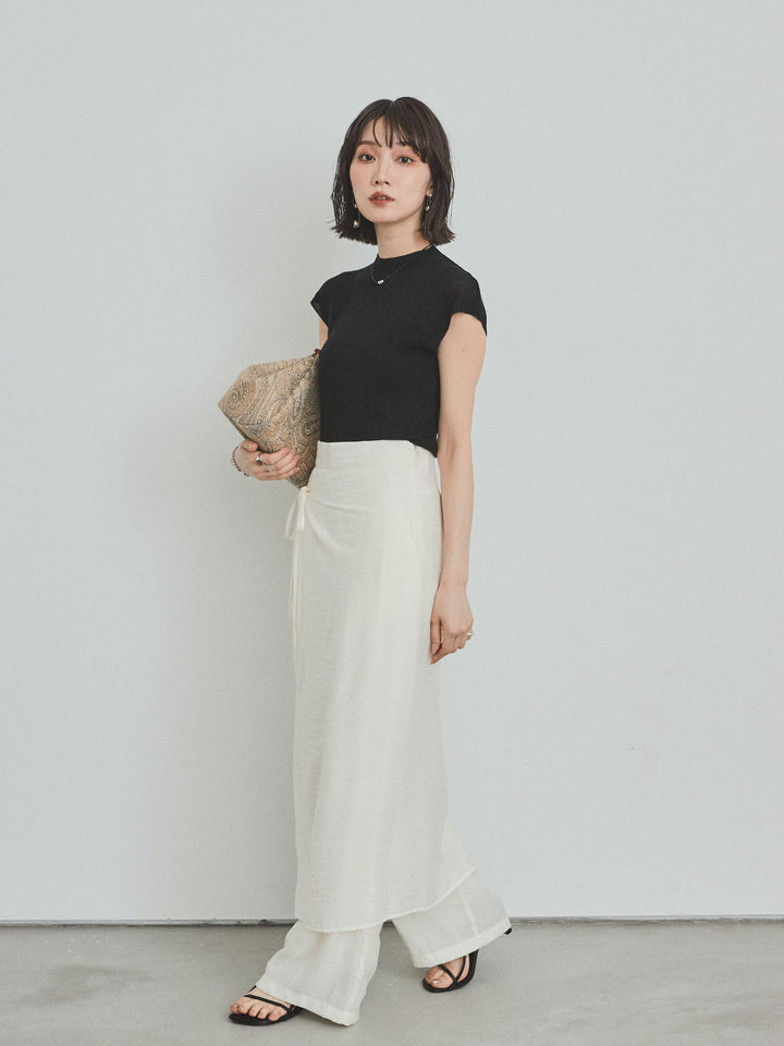 [SET]フレンチスリーブシアーニットトップス+ワッシャーサテンレイヤードスカートパンツ(2set)