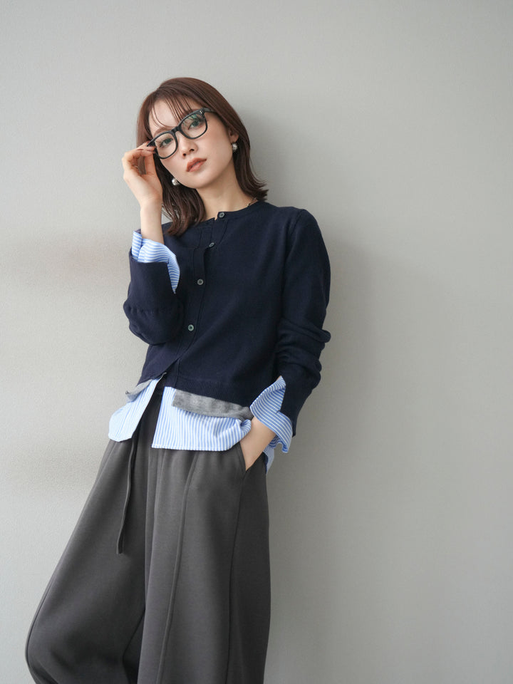 [予約]シャツ襟レイヤードニットカーディガン/navy