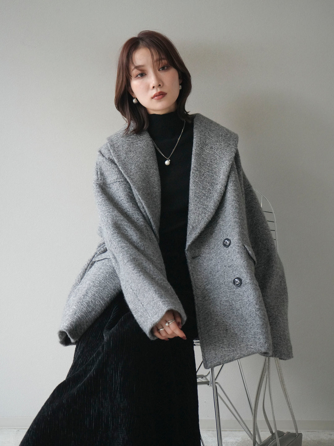 [予約]ロービング襟付きミドルコクーンコート/charcoal