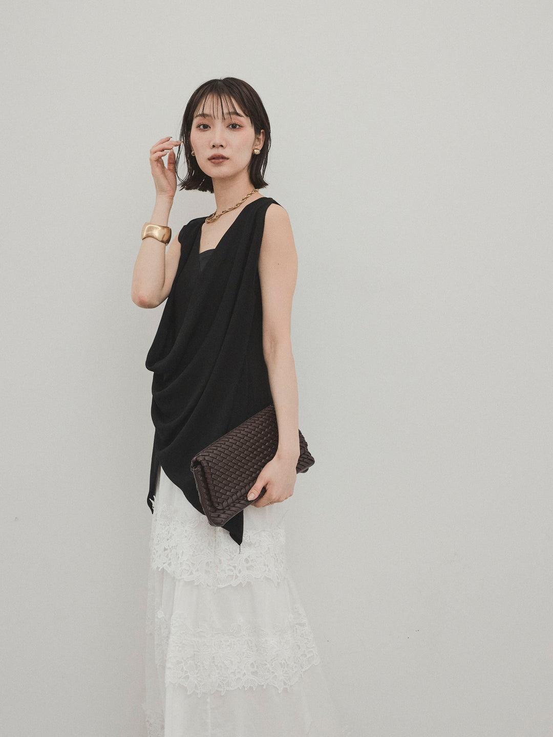 [SET]ドライタッチドレープニットプルオーバー+スカラップレースロングスカート(2set)