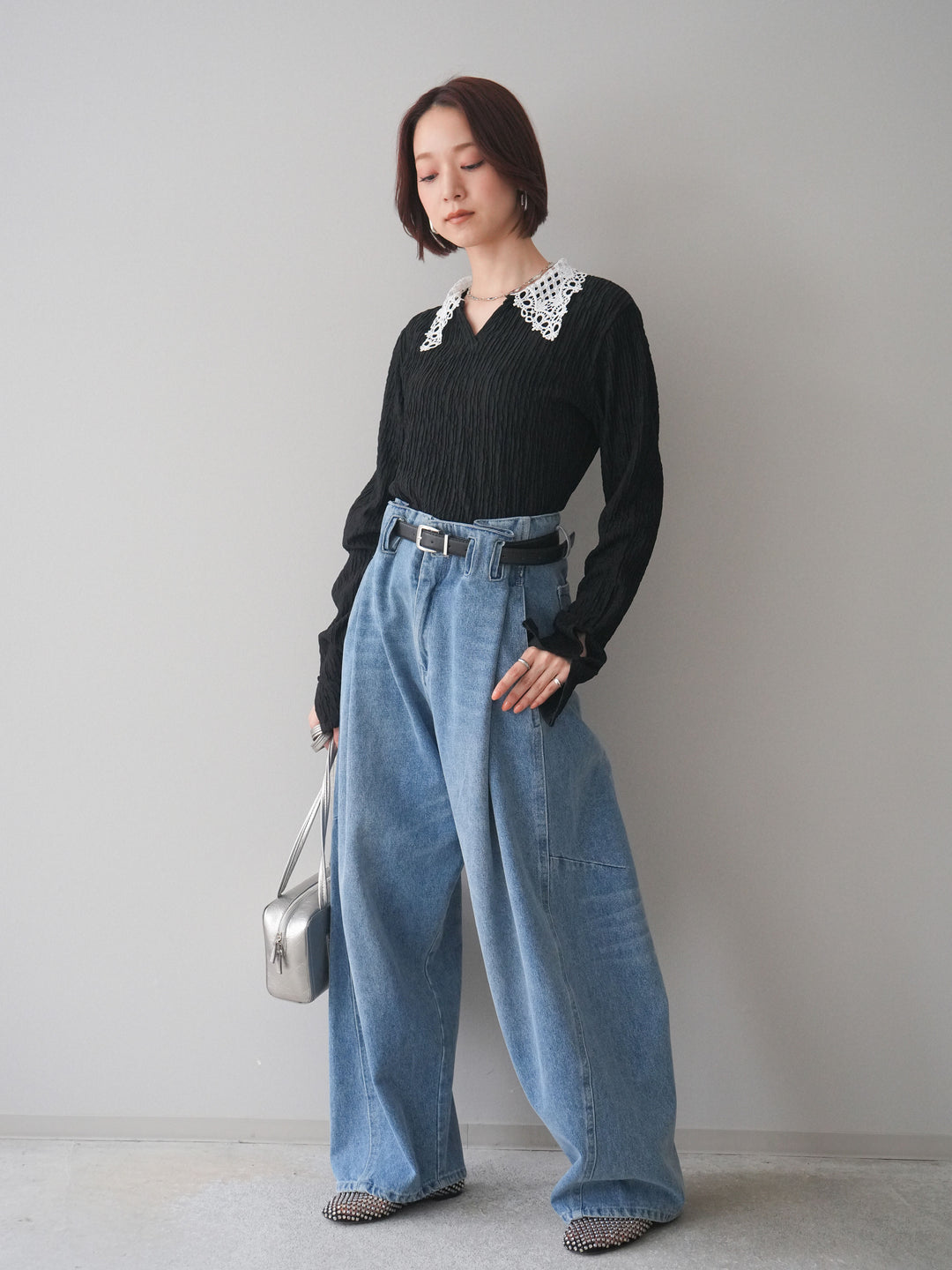 [SET]袖スリットレースカラートップス+ハイウエストベルトループデザインデニムパンツ(2set)