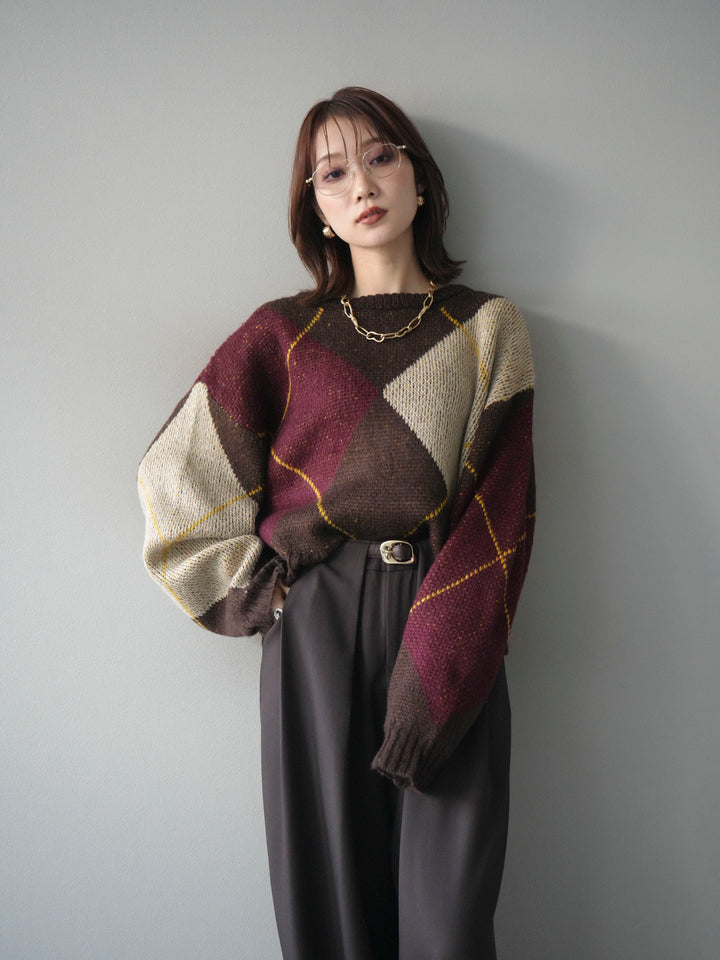 [予約]配色ステッチアーガイル柄ニットプルオーバー/brown