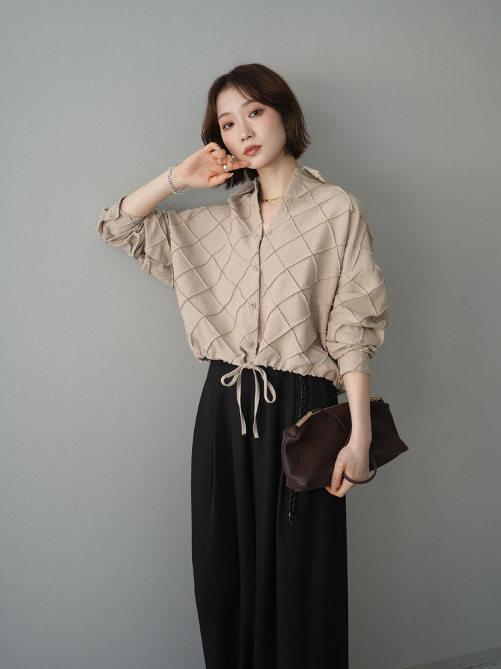 [SET]パイピングクロスデザインブラウス+編み込みベルト付タックワイドパンツ(2set)