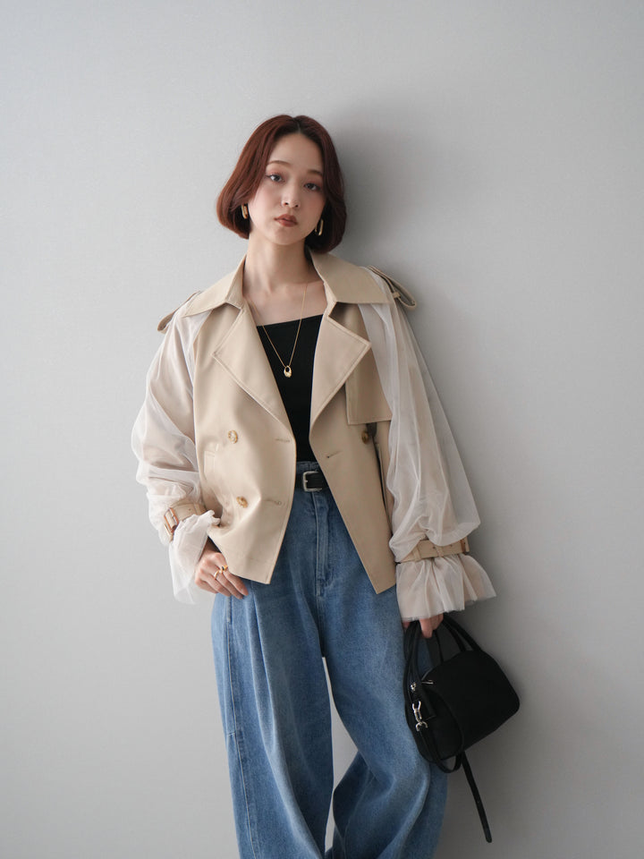 【預購】薄紗層疊蓬鬆袖短風衣/米色