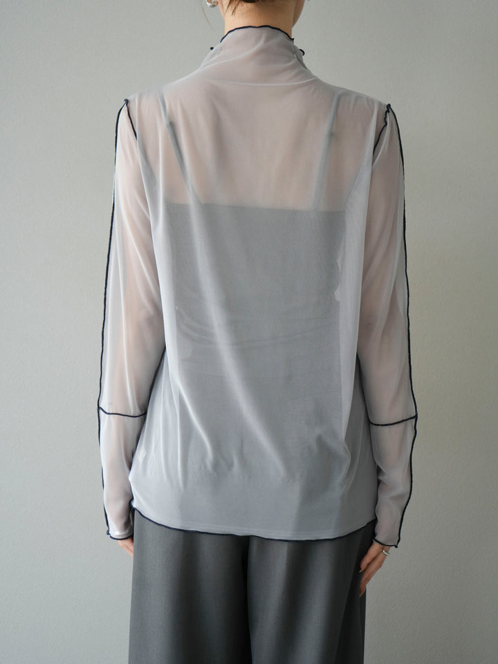 [予約]シアーパイピングカットソー/ライトグレー×ネイビー