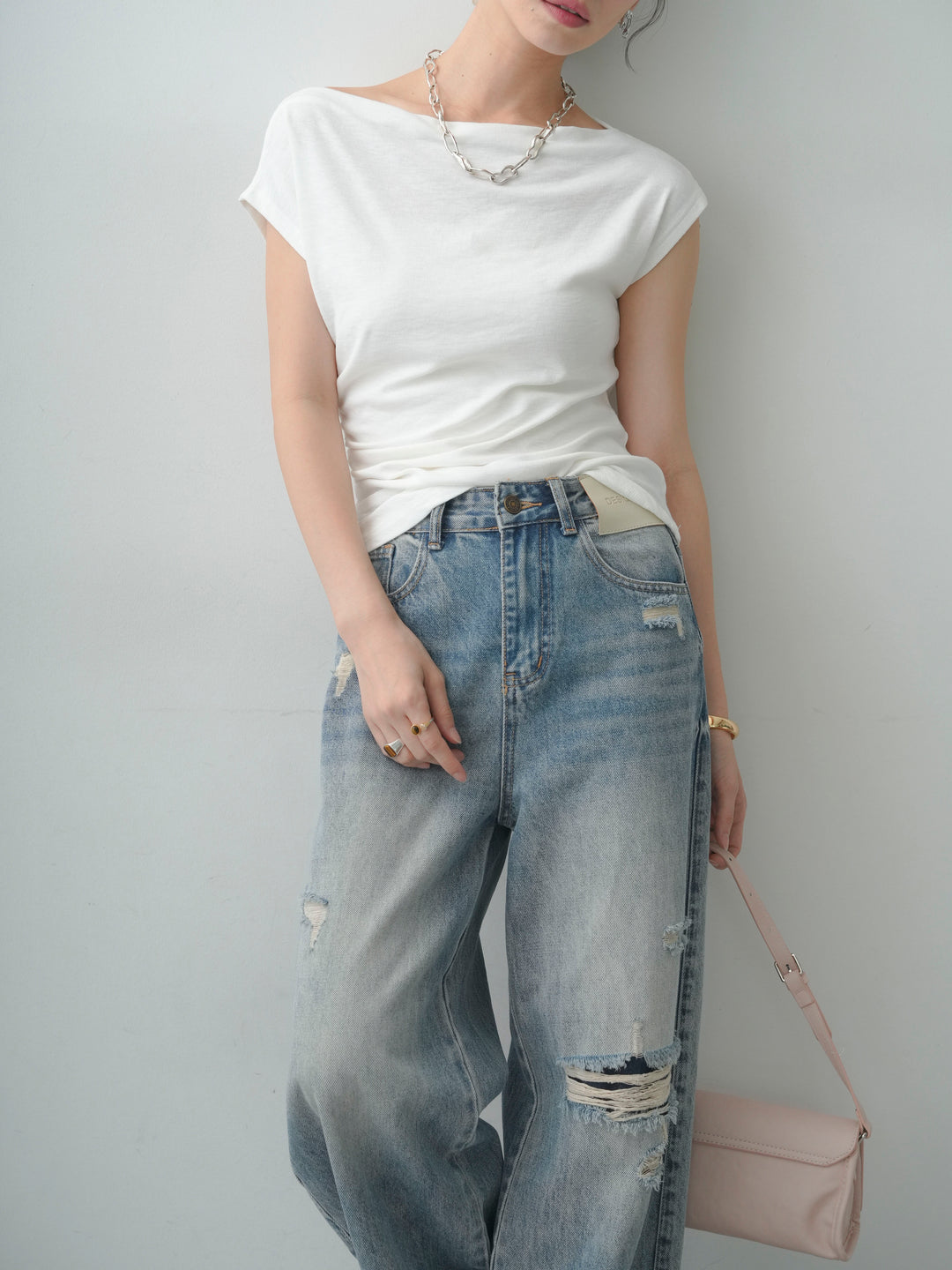 [SET]アシメギャザーカットソー+ダメージデニムセミワイドパンツ(2set)