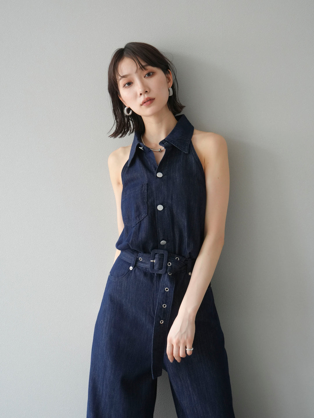 【預購】翻領牛仔連身衣/深藍色
