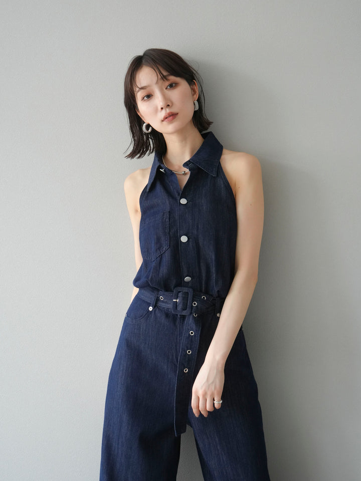 【預購】翻領牛仔連身衣/深藍色