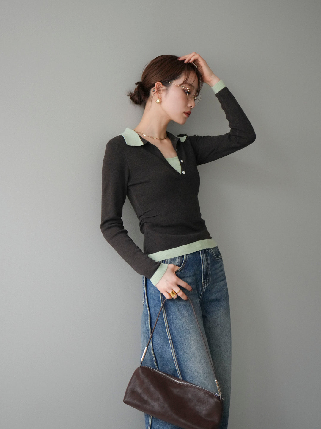 [予約]レイヤード配色ポロニットトップス/darkbrown