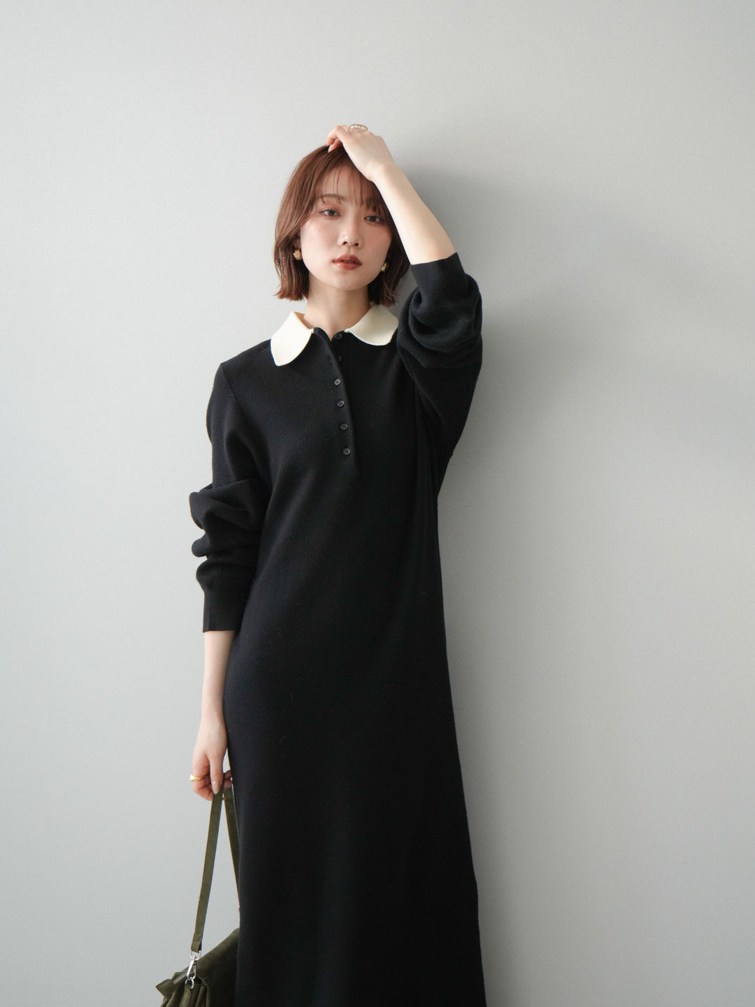 [予約]配色ポロニットワンピース/black