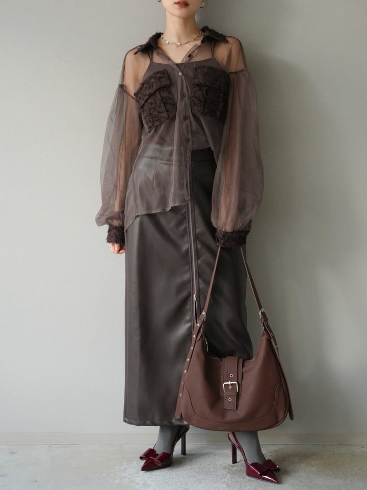 [予約]フリンジジャガード×チュールレイヤードシャツ/ブラウン