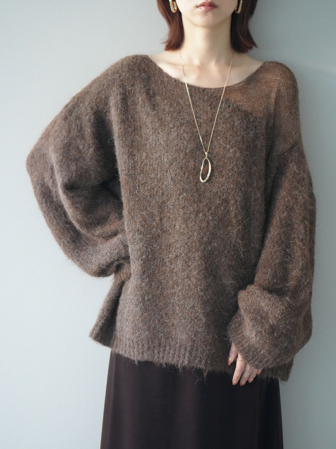 [SET]透かしデザインニットプルオーバー+ベルベットナロースカート(2set)