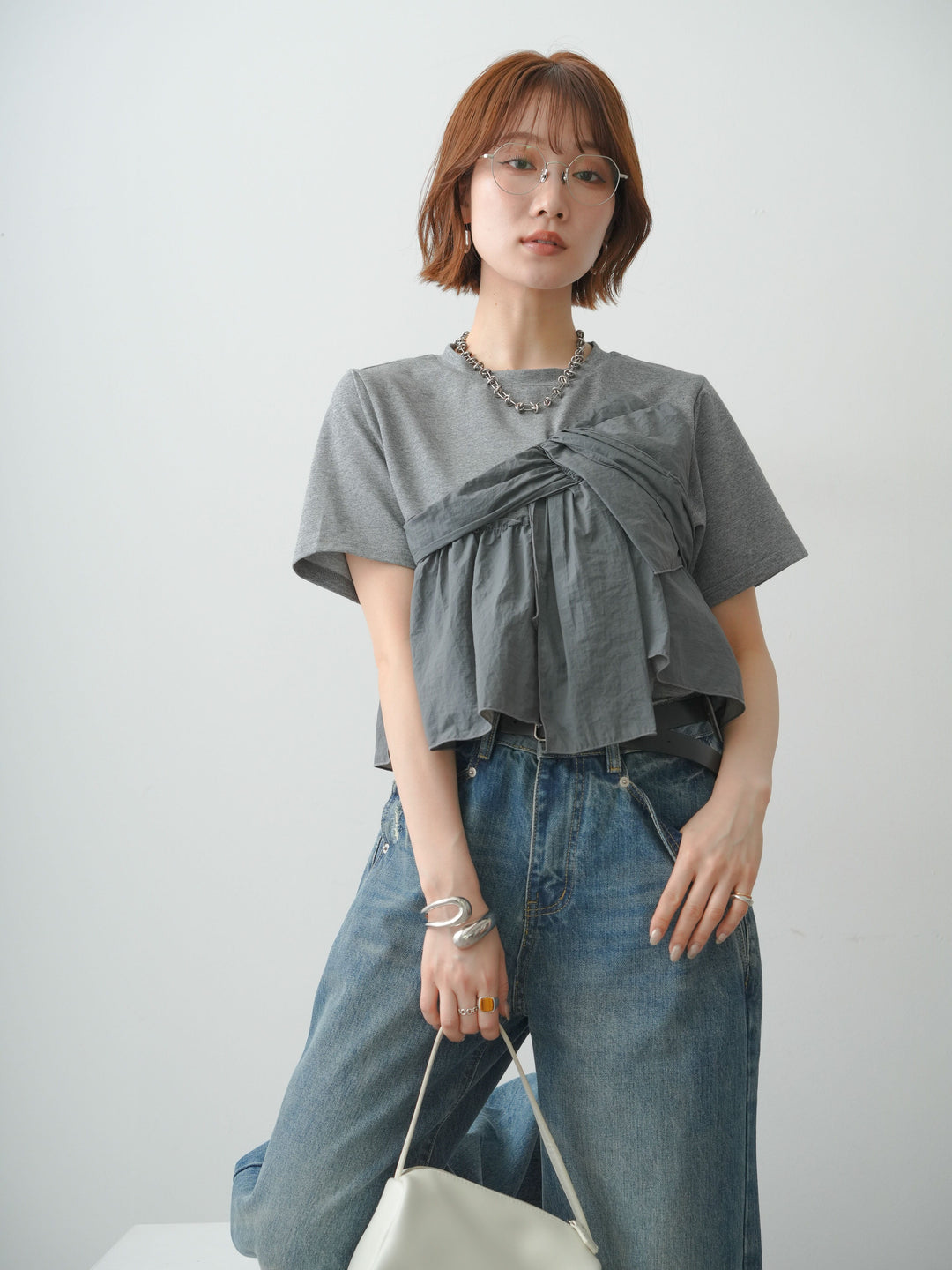 【着回しセット】[SET]ナイロンドッキングツイストTEE +クレープデシンフラップ付きストレートスカート+ストーンウォッシュルーズフィットデニム(3set)