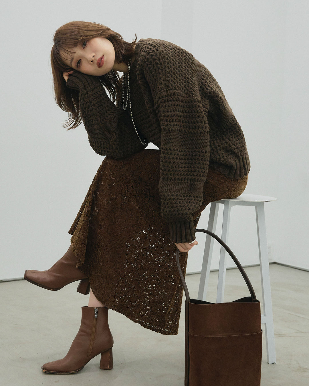 [予約]ライン編みニットプルオーバー/brown