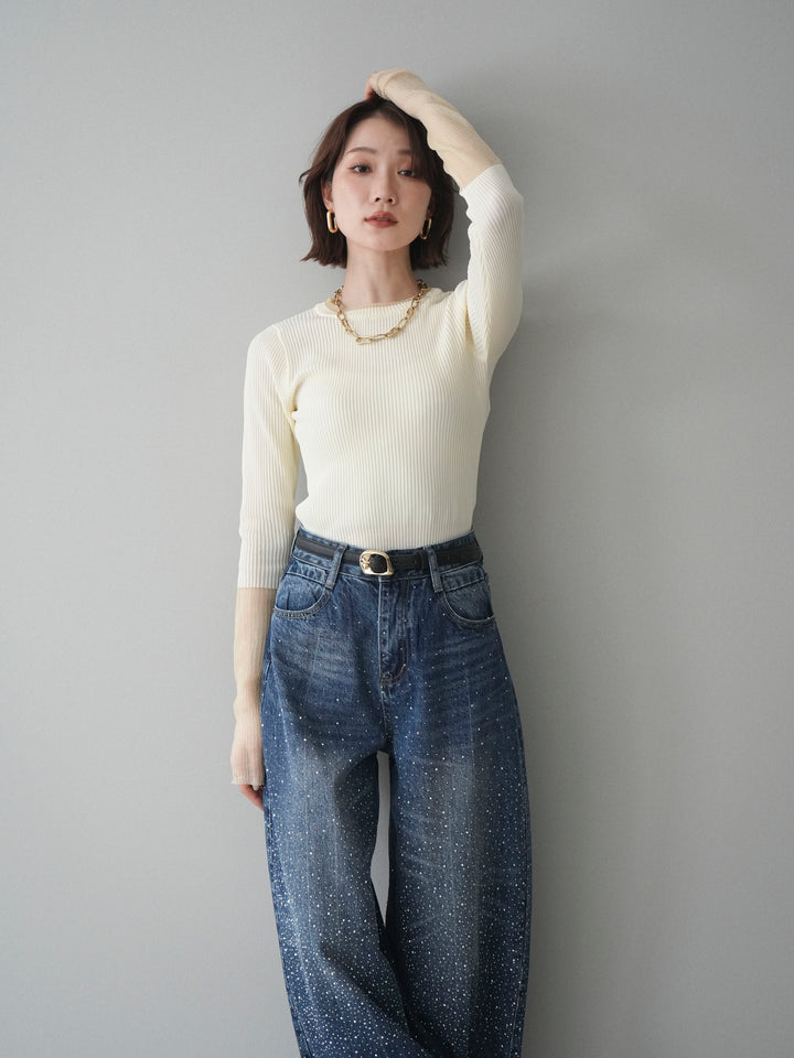 [SET]リブラメシアー切替リブニットトップス+ラインストーンカーブデニムパンツ(2set)