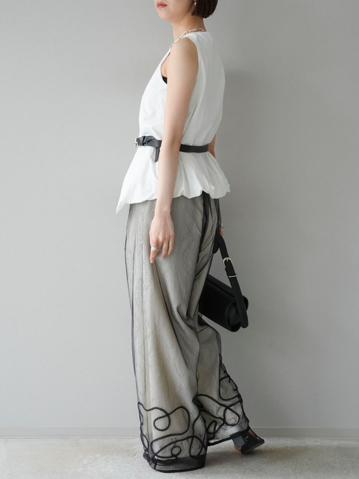 [SET]ベルトデザインバルーンブラウス+レースタックイージーパンツ+コード刺繍チュールレイヤードパンツ(3set)