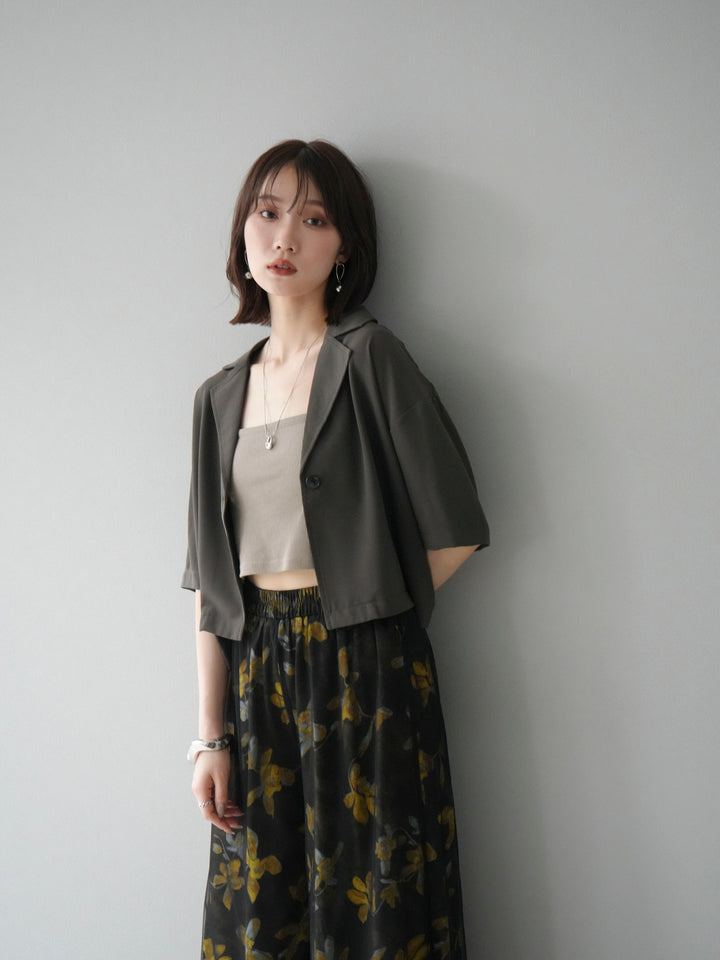 [SET]ハーフショートジャケット+フラワープリントチュールレイヤードパンツ(2set)