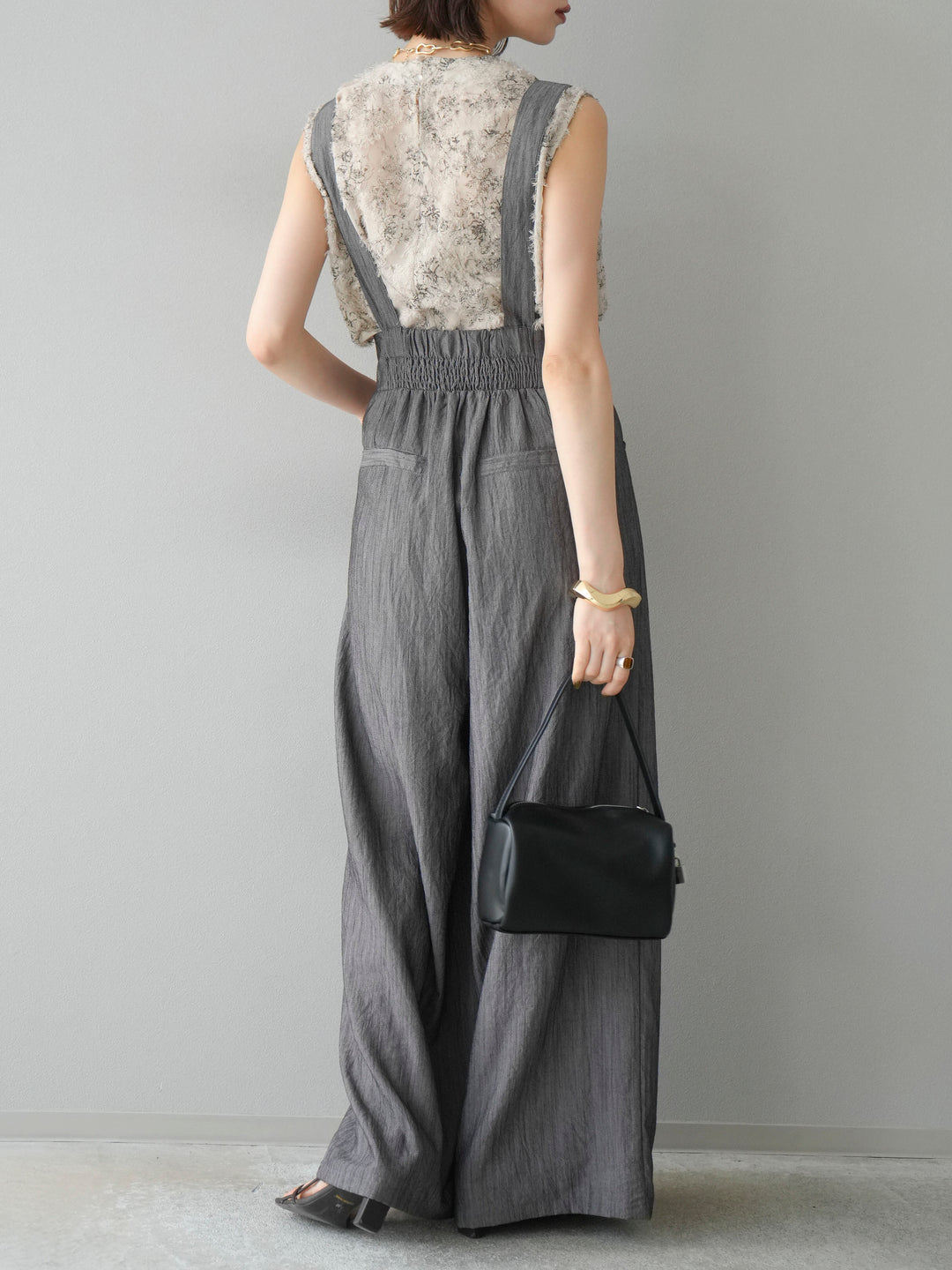 [予約]ストリングデザインハイウエストサロペット/チャコール