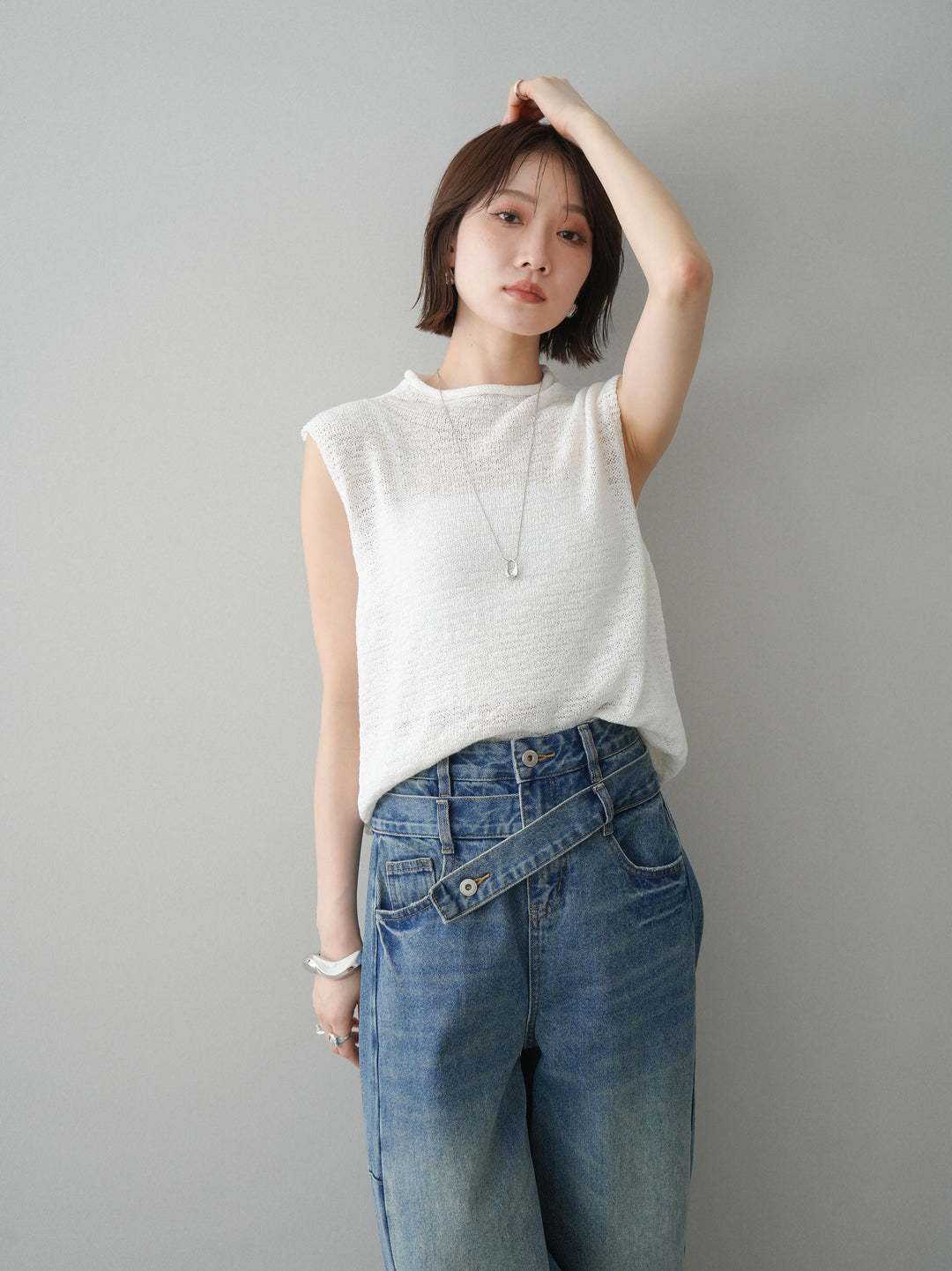 [予約]ノースリーブリネンタッチシアーニットプルオーバー/white