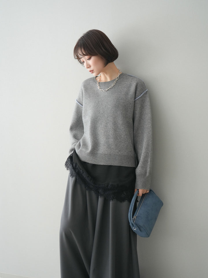 [SET]バックロゴ刺繍配色ステッチニットプルオーバー+選べるアクセセット(2set)